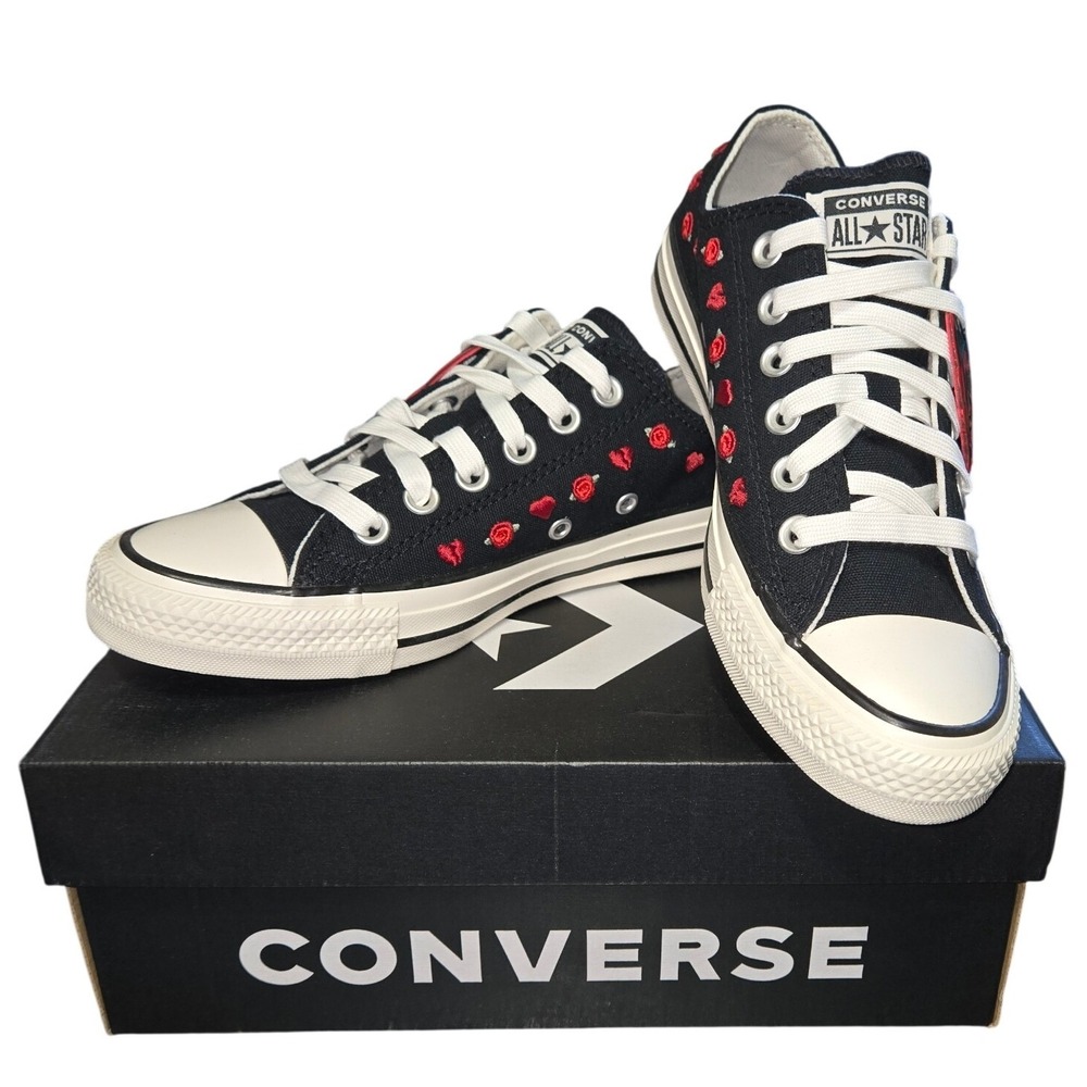 Converse Chuck Taylor All Star Low Top Black Rose Heart Valentines Shoes 567159C